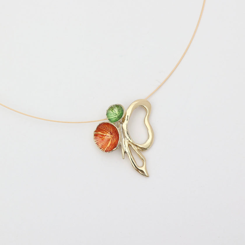 Nolia Necklace — artisan brass enamel pendant necklace, orange and green, made in Greece