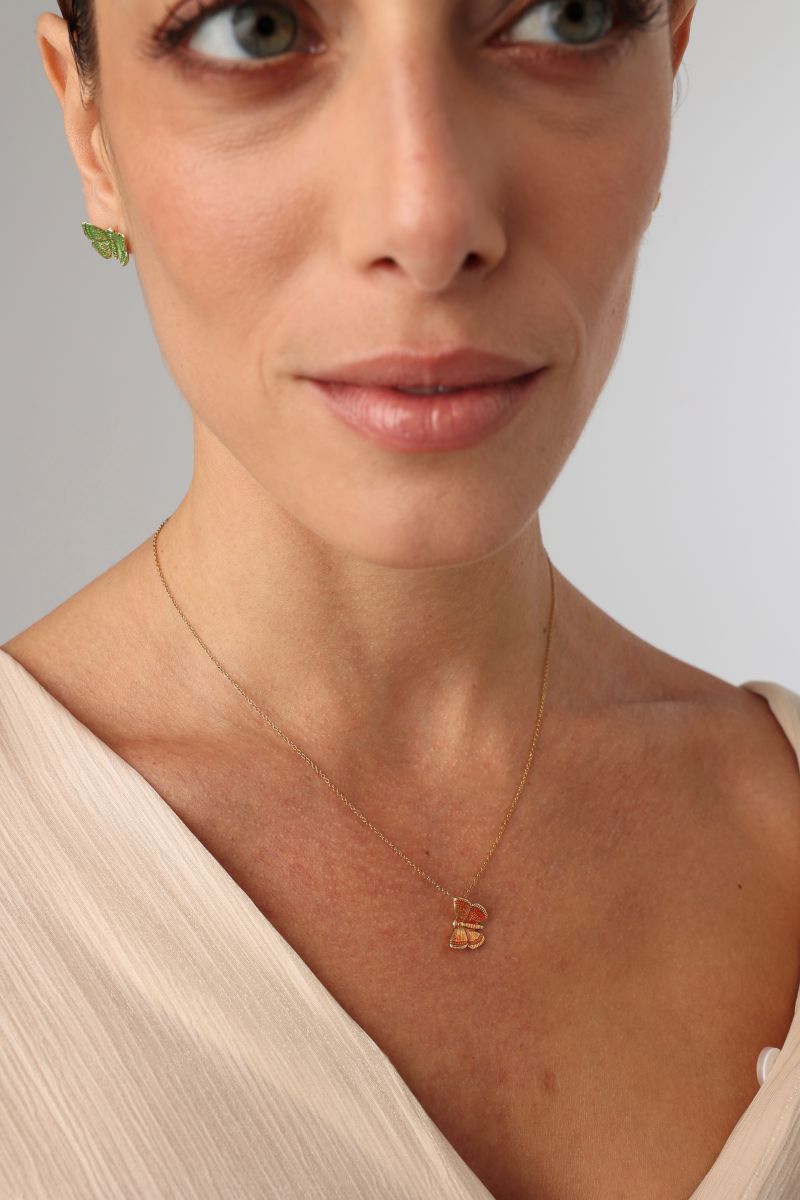 Fiora Necklace in orange enamel — handmade brass butterfly necklace, made in Greece