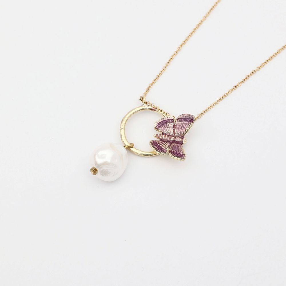 Elysian Necklace — handmade brass hoop necklace with enamel butterfly and baroque freshwater pearl, made in Greece