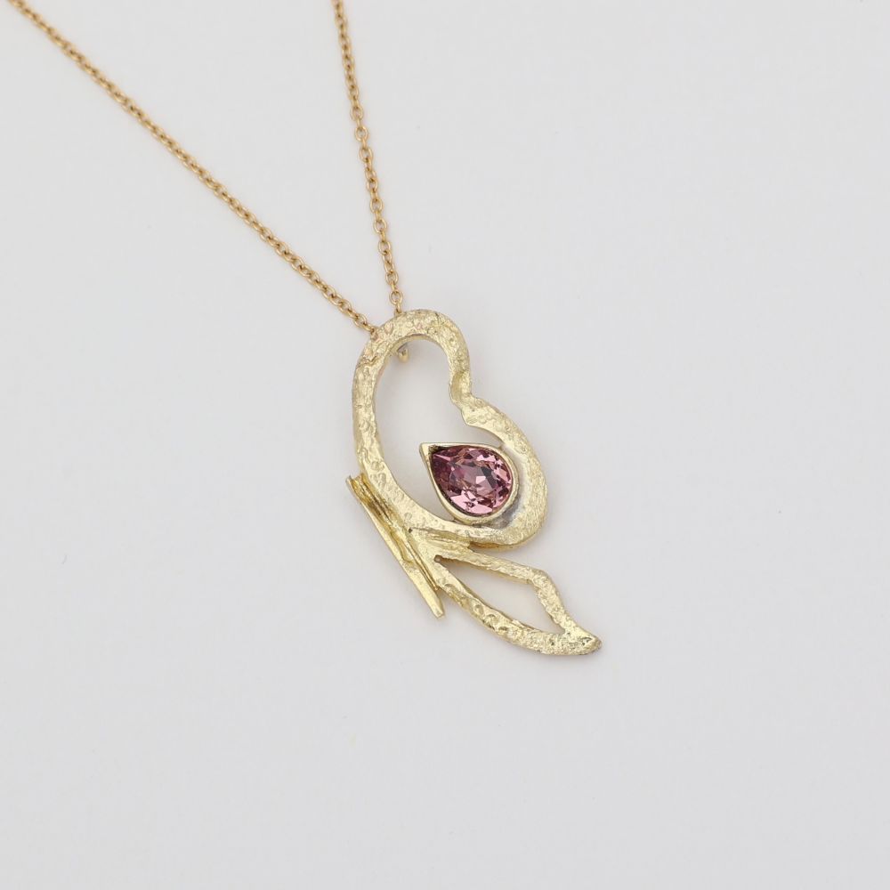 
Flutter Necklace — handmade brass sculptural pendant with pink teardrop gemstone and cable chain