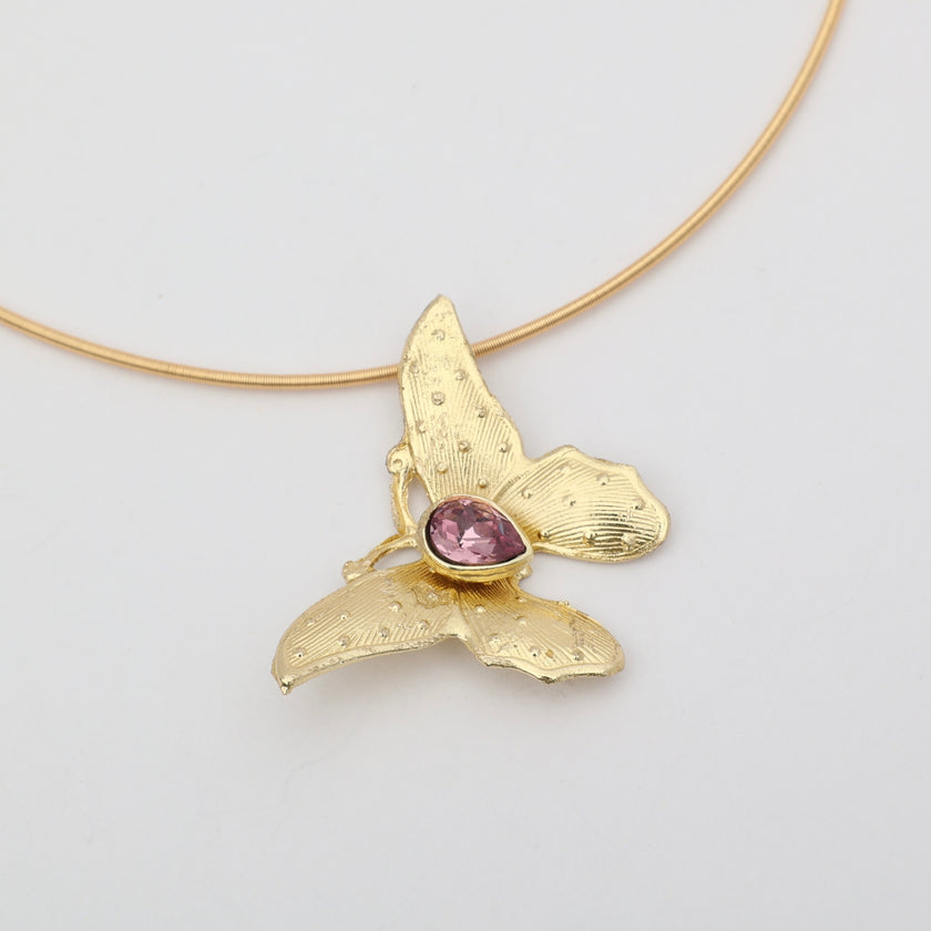 Nymia Necklace — large handmade brass butterfly pendant with etched wings and pink gemstone