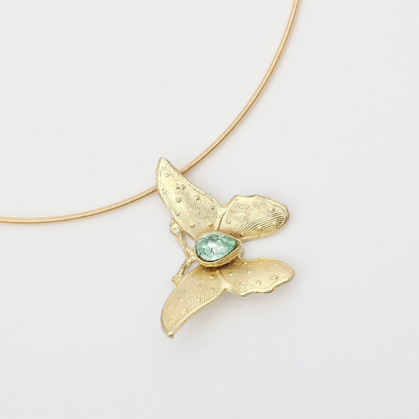 Nymia Necklace — handmade brass butterfly pendant necklace with blue teardrop gemstone