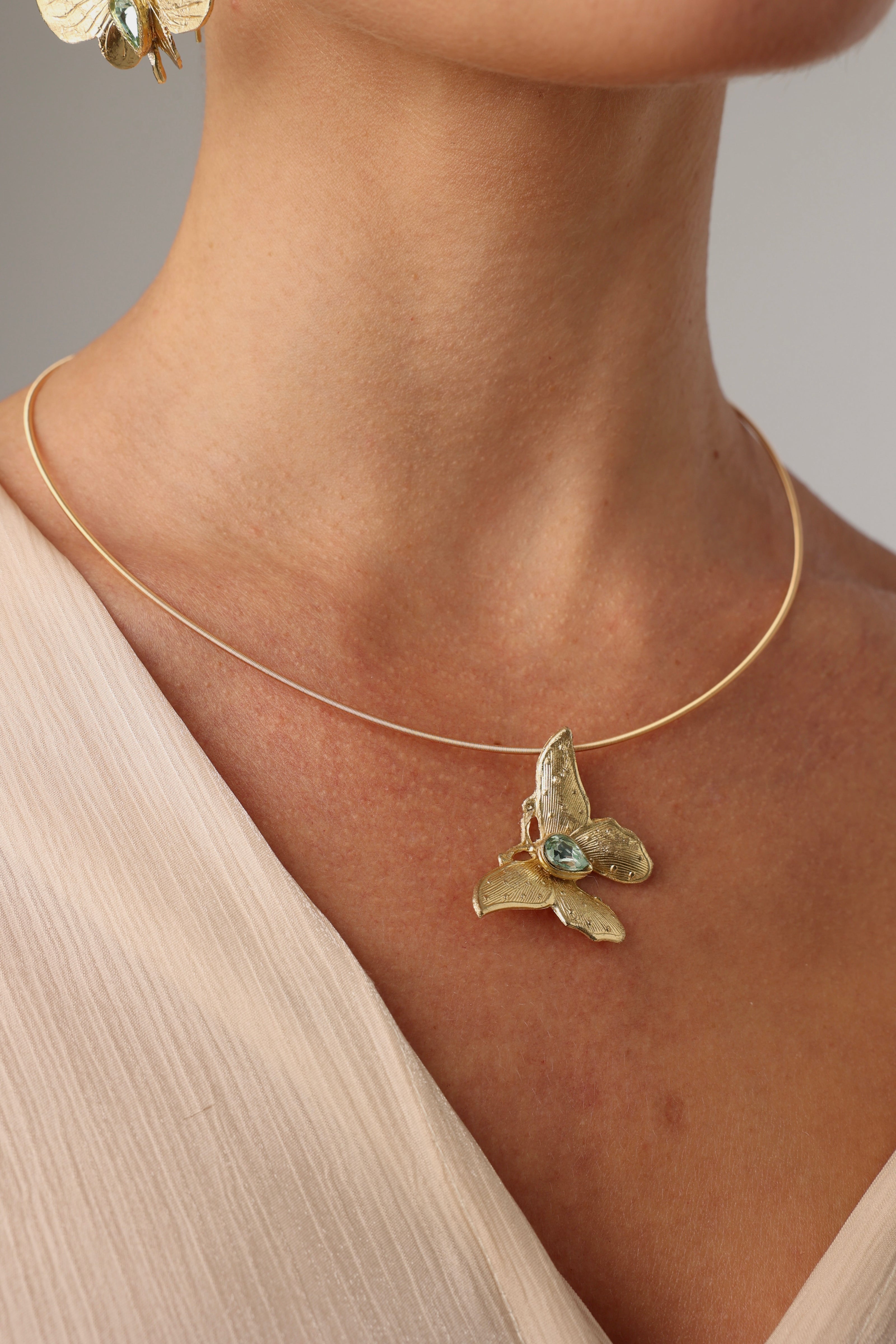 Nymia Necklace — artisan brass butterfly statement necklace with gemstone, made in Greece