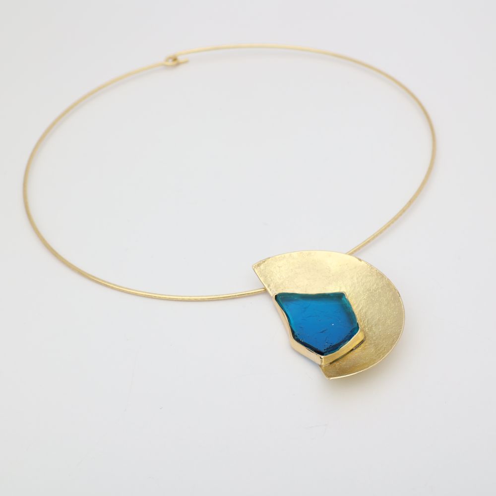 Pond Necklace — handmade brass half-moon gemstone pendant on wire collar necklace, artisan jewelry made in Greece
