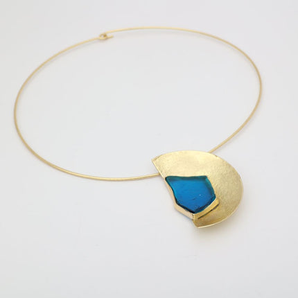 Pond Necklace — handmade brass half-moon gemstone pendant on wire collar necklace, artisan jewelry made in Greece