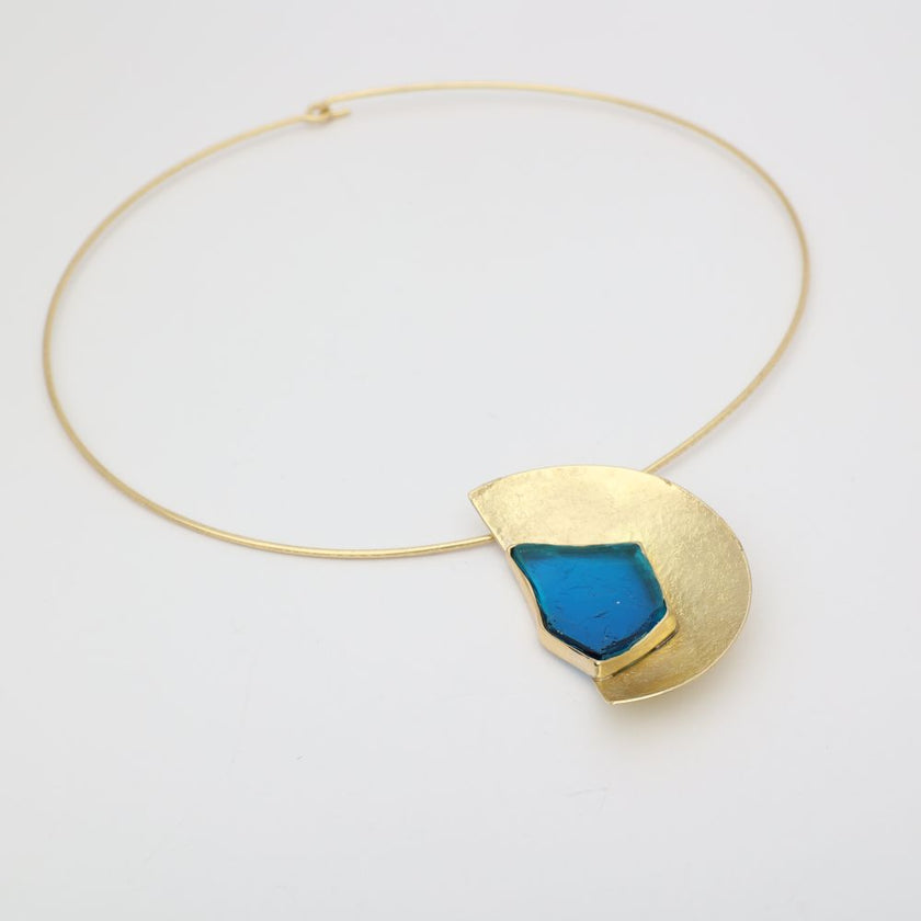 Pond Necklace — handmade brass half-moon gemstone pendant on wire collar necklace, artisan jewelry made in Greece