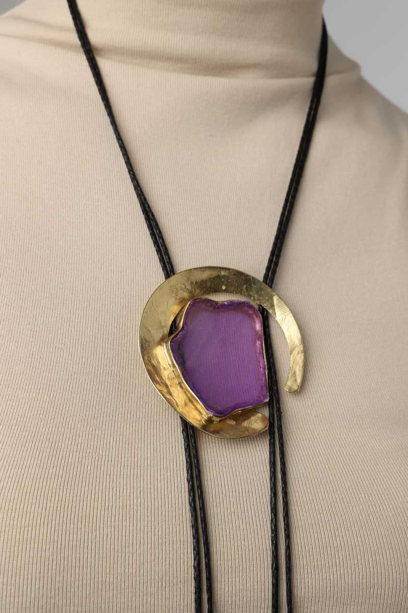 Lucky Lake Necklace — handmade brass hammered crescent pendant necklace with raw gemstone slice on mannequin