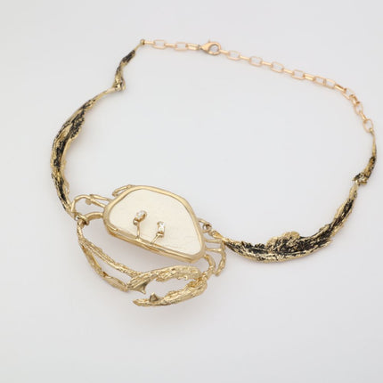 Crasta Necklace — handmade brass artisan choker necklace with natural stone and crystal crab pendant, full piece view