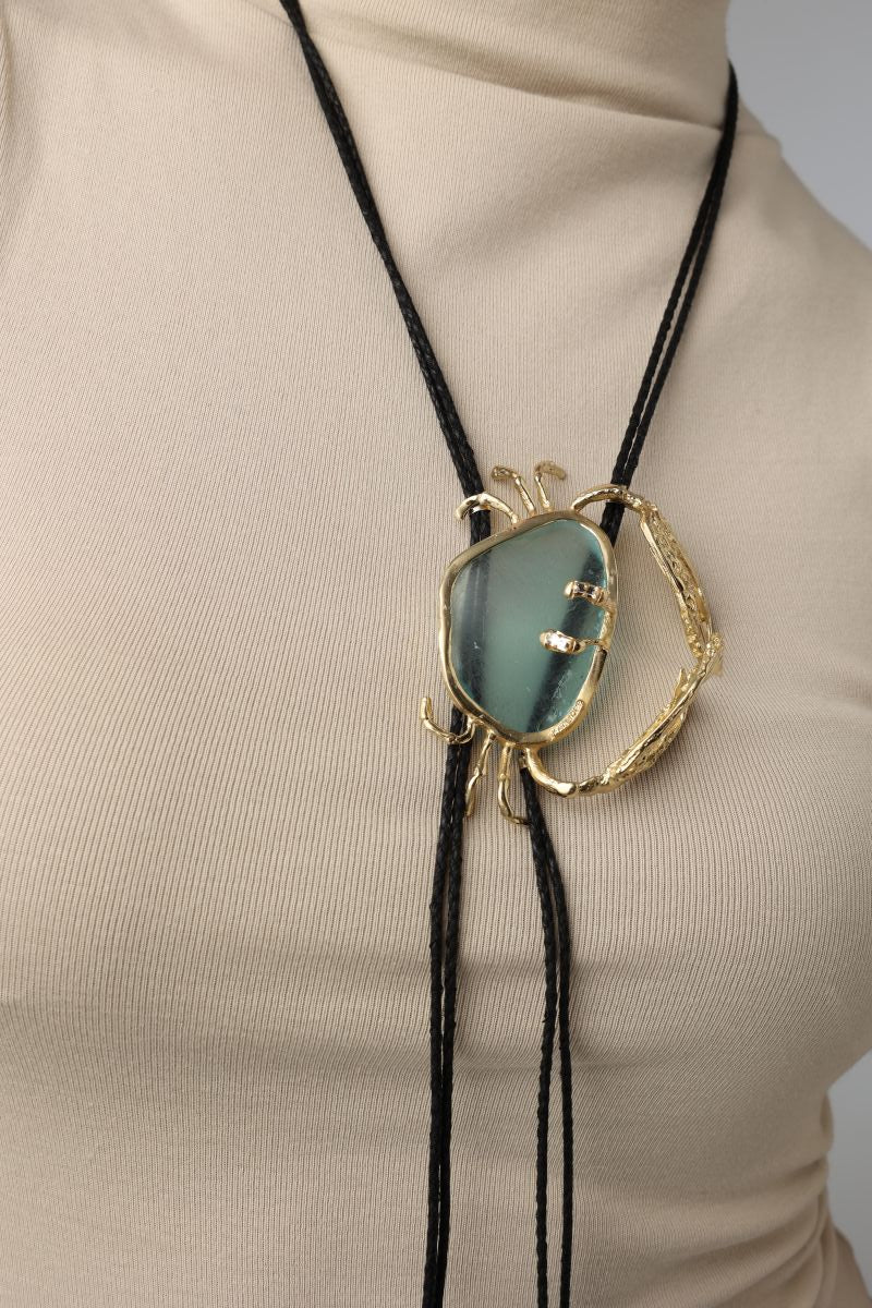 Long Crasta Necklace — handmade brass artisan crab necklace with resin stone on long layered black cord
