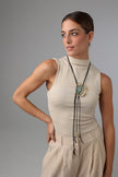 Long Crasta Necklace — handmade brass boho long necklace with crab pendant and gemstone detail, unique designer jewelry
