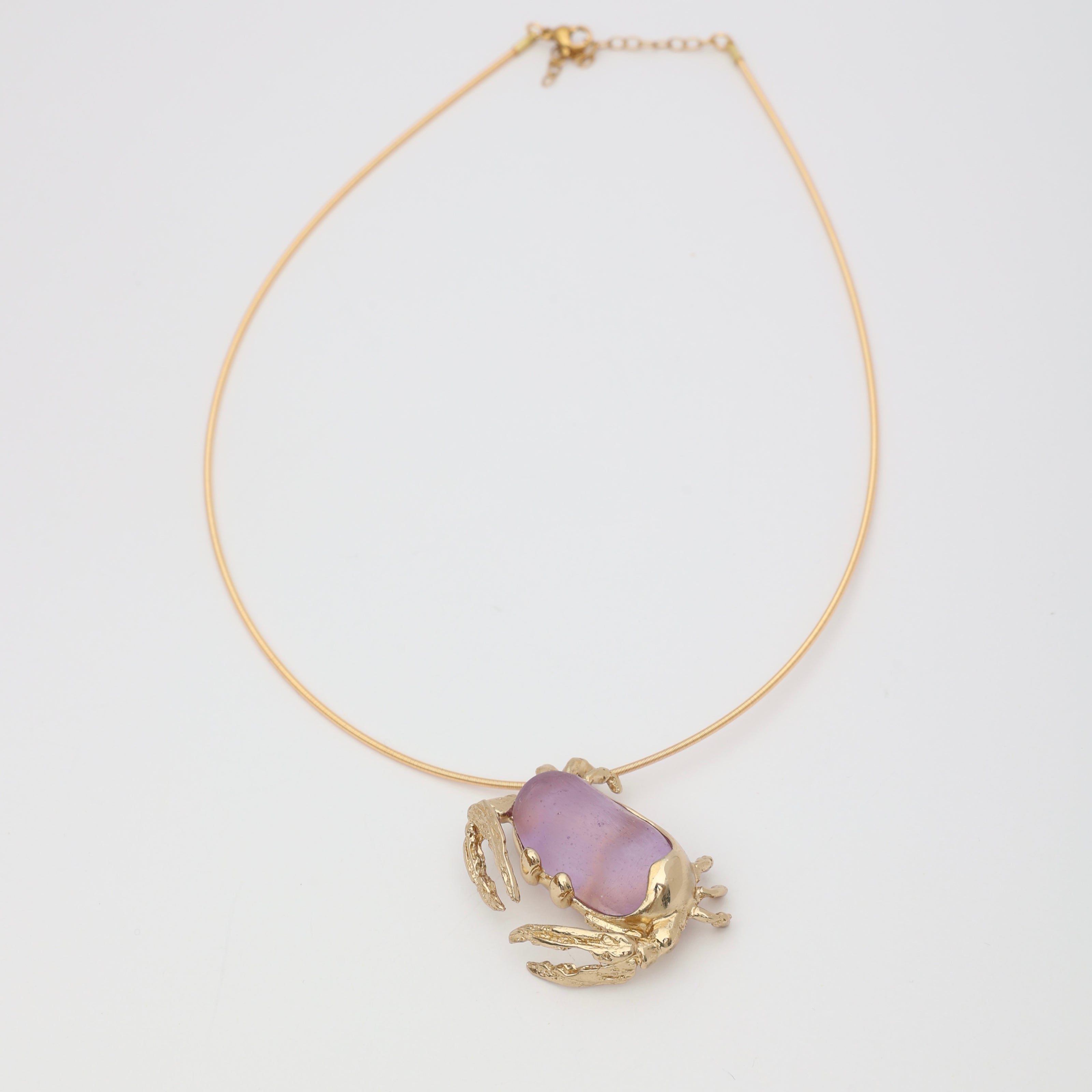 Crabby Necklace  view — handmade brass sculptural crab necklace with organic resin stone body on wire collar

