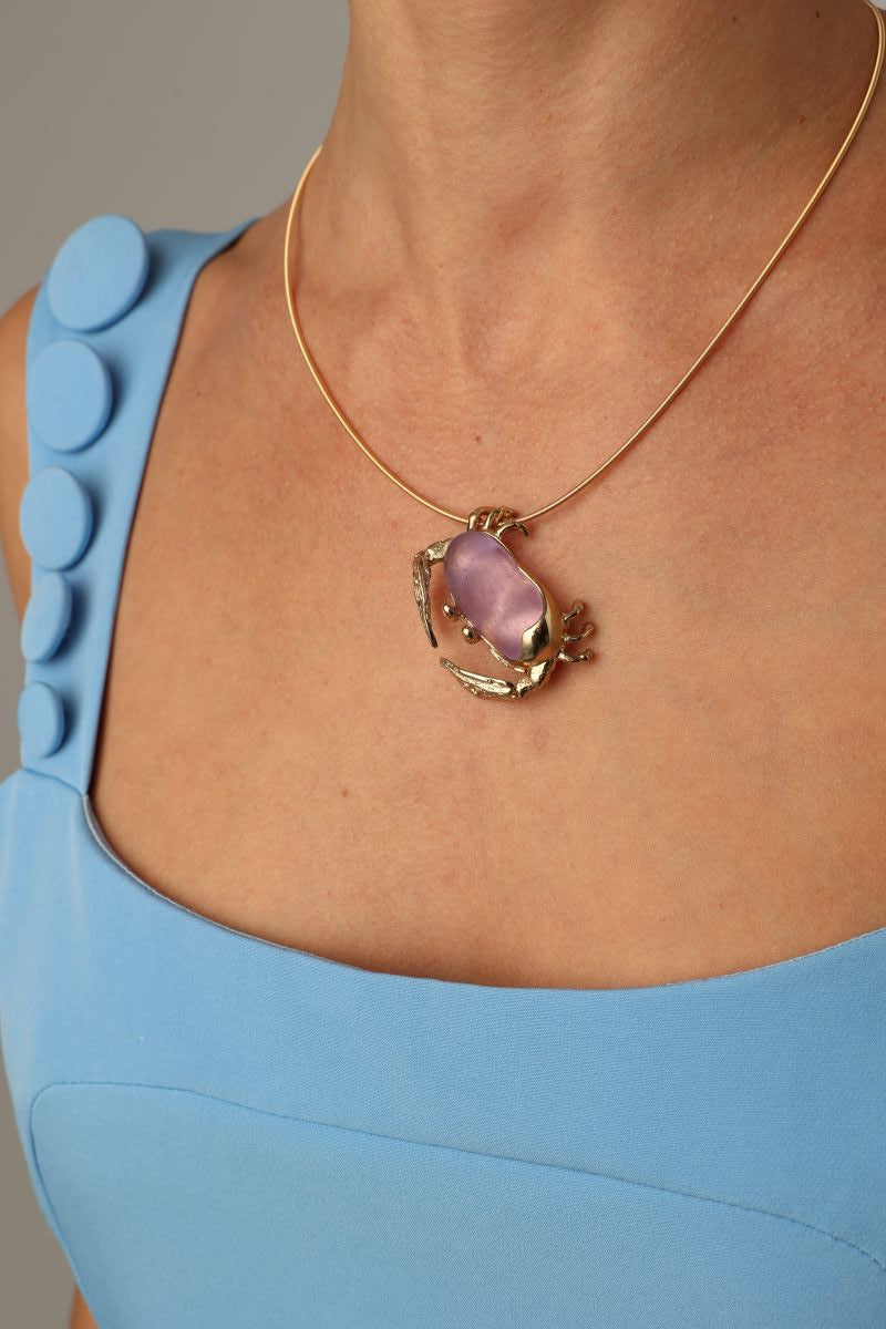 Crabby Necklace — handmade brass boho statement necklace with large crab pendant and gemstone body, unique designer jewelry

