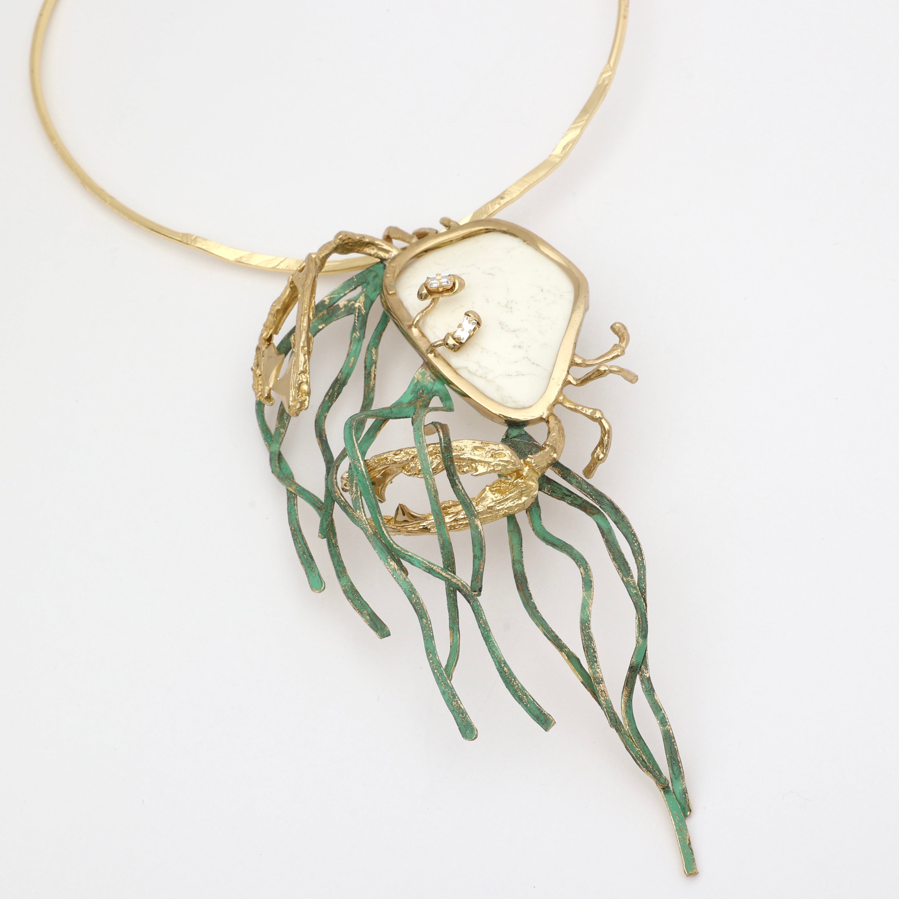 Kora Necklace — handmade brass boho statement necklace with crab pendant and gemstone detail, unique designer jewelry
