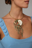 Kora Necklace — handmade brass sculptural jellyfish necklace with resin stone and crystal baguettes, gift for her
