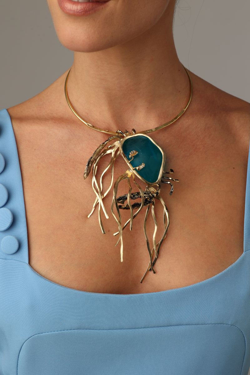 Kora Necklace — handmade brass artisan statement necklace with crab design and resin stone, jewelry made in Greece
