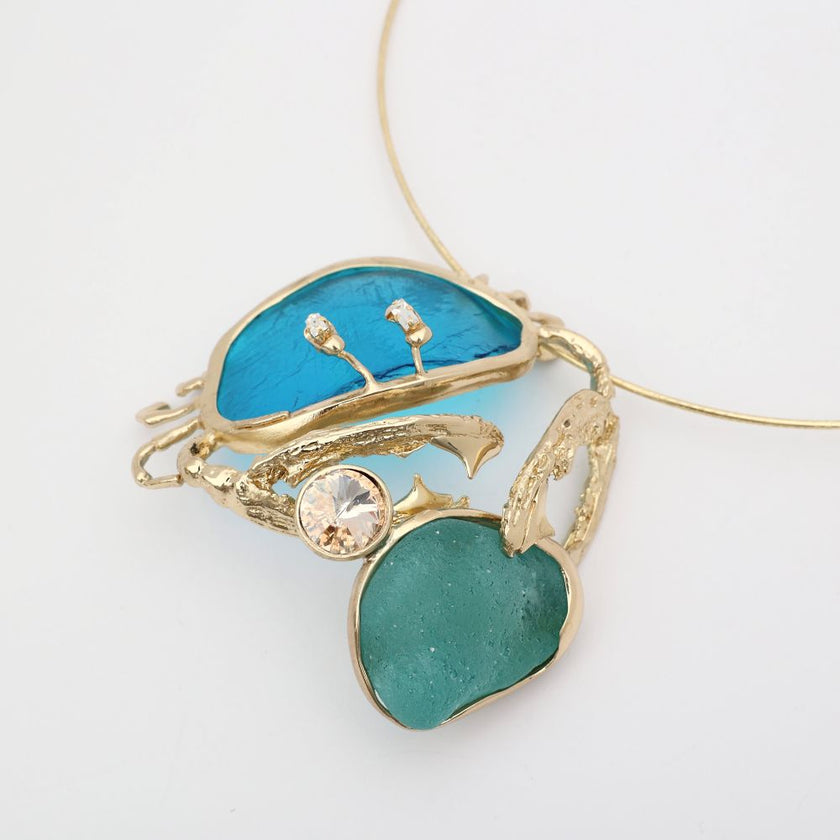 Crabby The Thief Necklace — handmade brass sculptural statement necklace inspired by sea life, artisan jewelry made in Greece