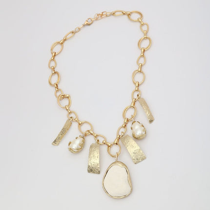 handmade brass statement charm necklace with baroque pearl and lava stone pendants, artisan jewelry made in Greece