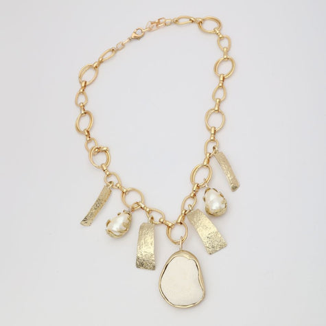 handmade brass statement charm necklace with baroque pearl and lava stone pendants, artisan jewelry made in Greece