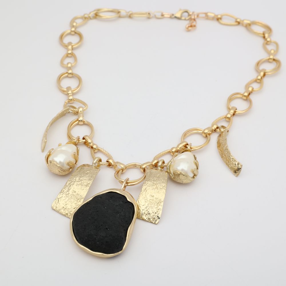 handmade brass pearl and gemstone charm necklace, flat lay view variant two