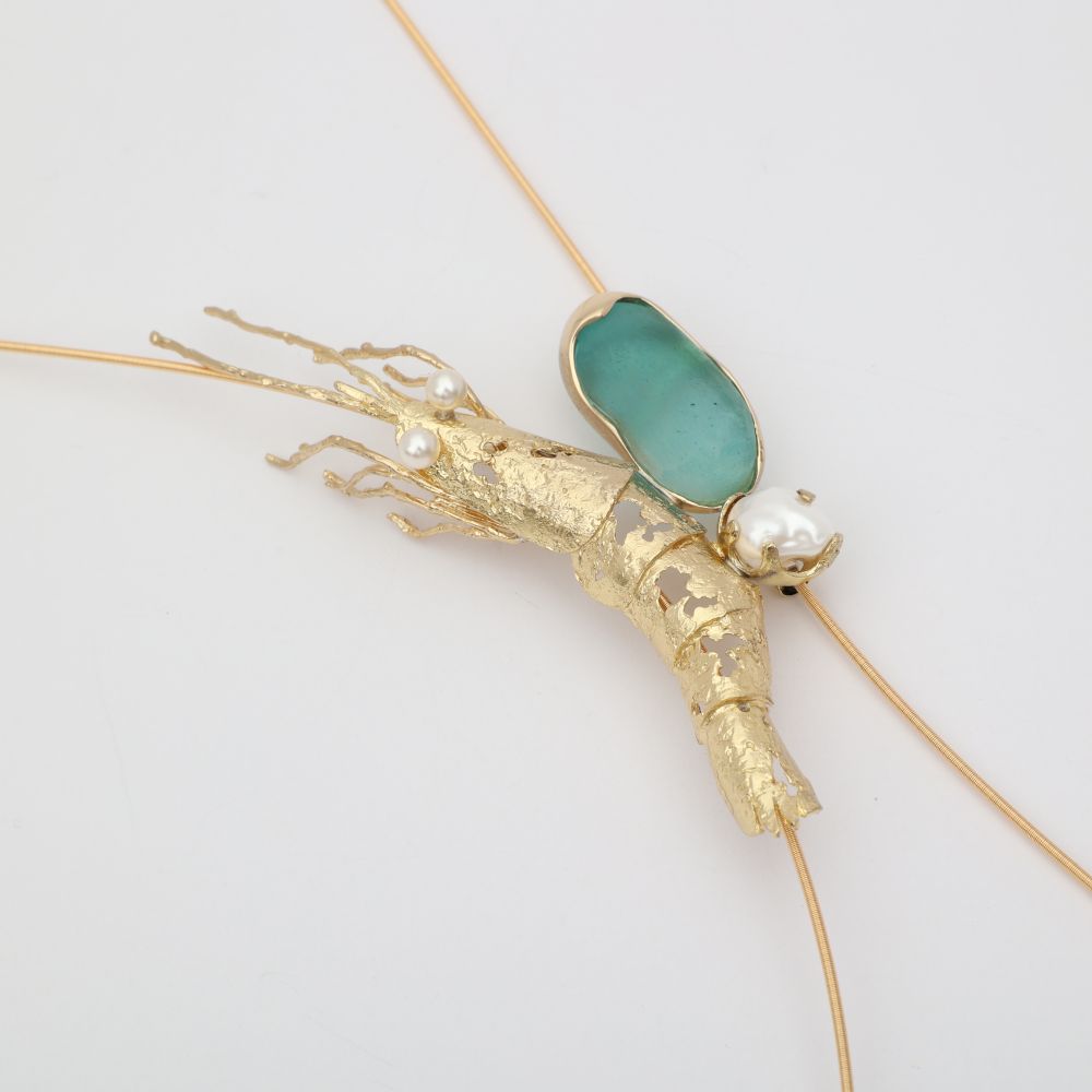 Pebble Shrimp Necklace — handmade brass sculptural shrimp pendant with sea glass and freshwater pearls, artisan jewelry made in Greece