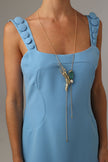  Pebble Shrimp Necklace — handmade brass shrimp lariat necklace with raw stone and pearl on model, full length view
