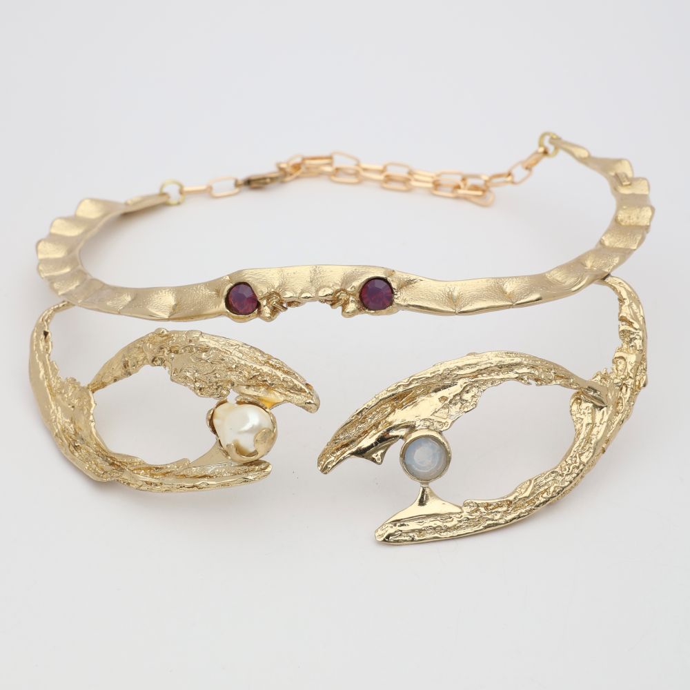 King Astor Necklace — handmade brass sculptural choker with baroque pearl moonstone and gemstone cabochons, artisan jewelry made in Greece
