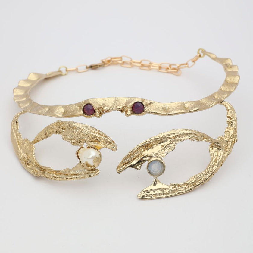 King Astor Necklace — handmade brass sculptural choker with baroque pearl moonstone and gemstone cabochons, artisan jewelry made in Greece