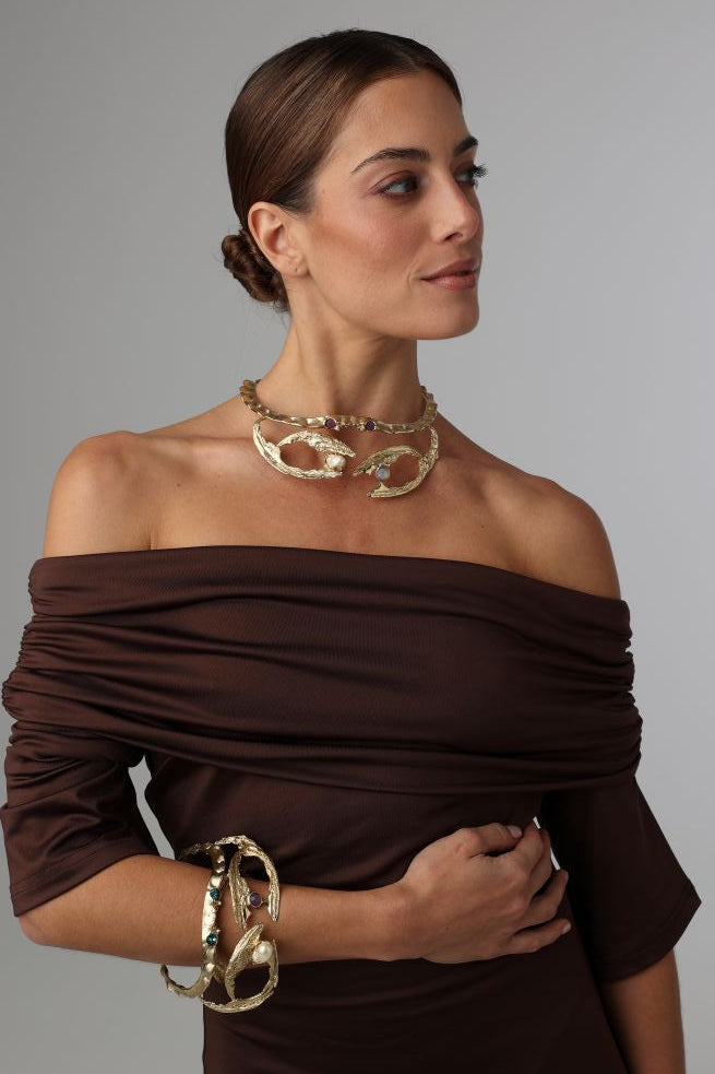 King Astor Necklace — handmade brass sculptural choker necklace on model, full look with matching bracelet