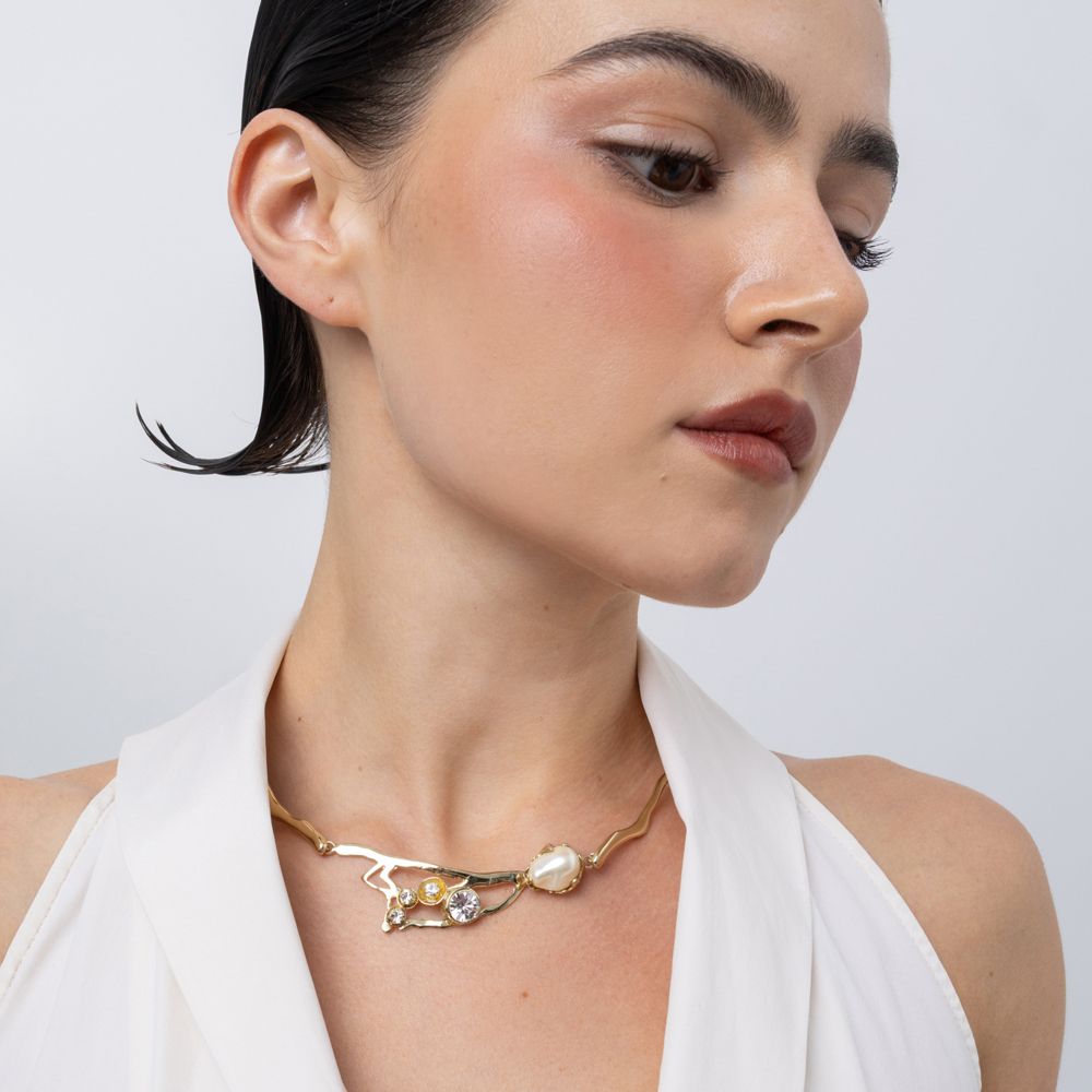 Handmade brass pearl and crystal branch choker necklace worn on neck, Nerea
