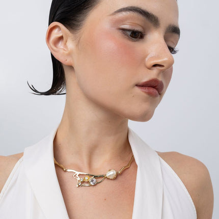 Handmade brass pearl and crystal branch choker necklace worn on neck, Nerea