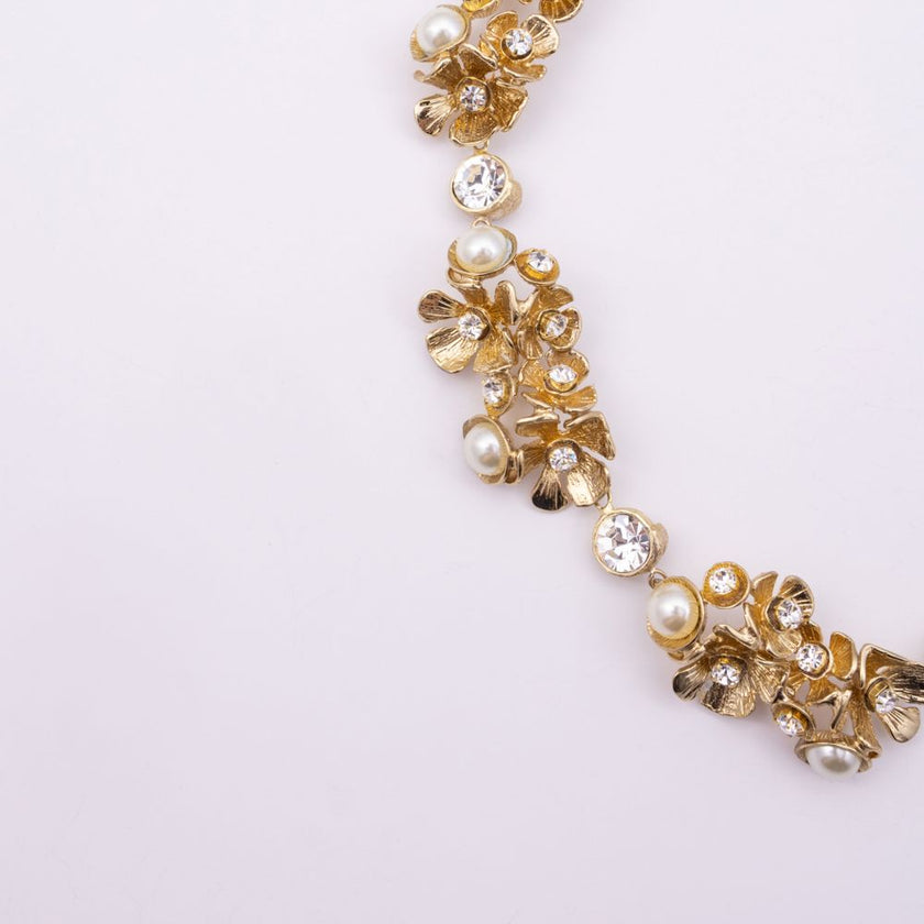 Handmade brass floral necklace with pearl and crystal detail