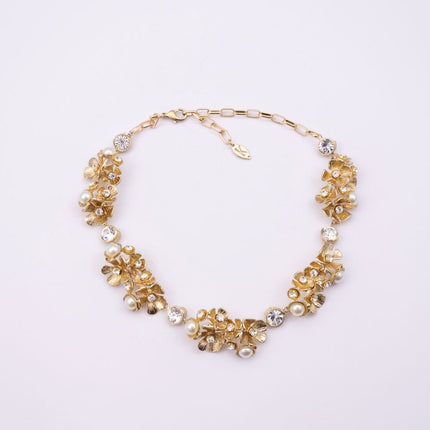 Brass flower necklace with pearls and crystals, extendable chain
