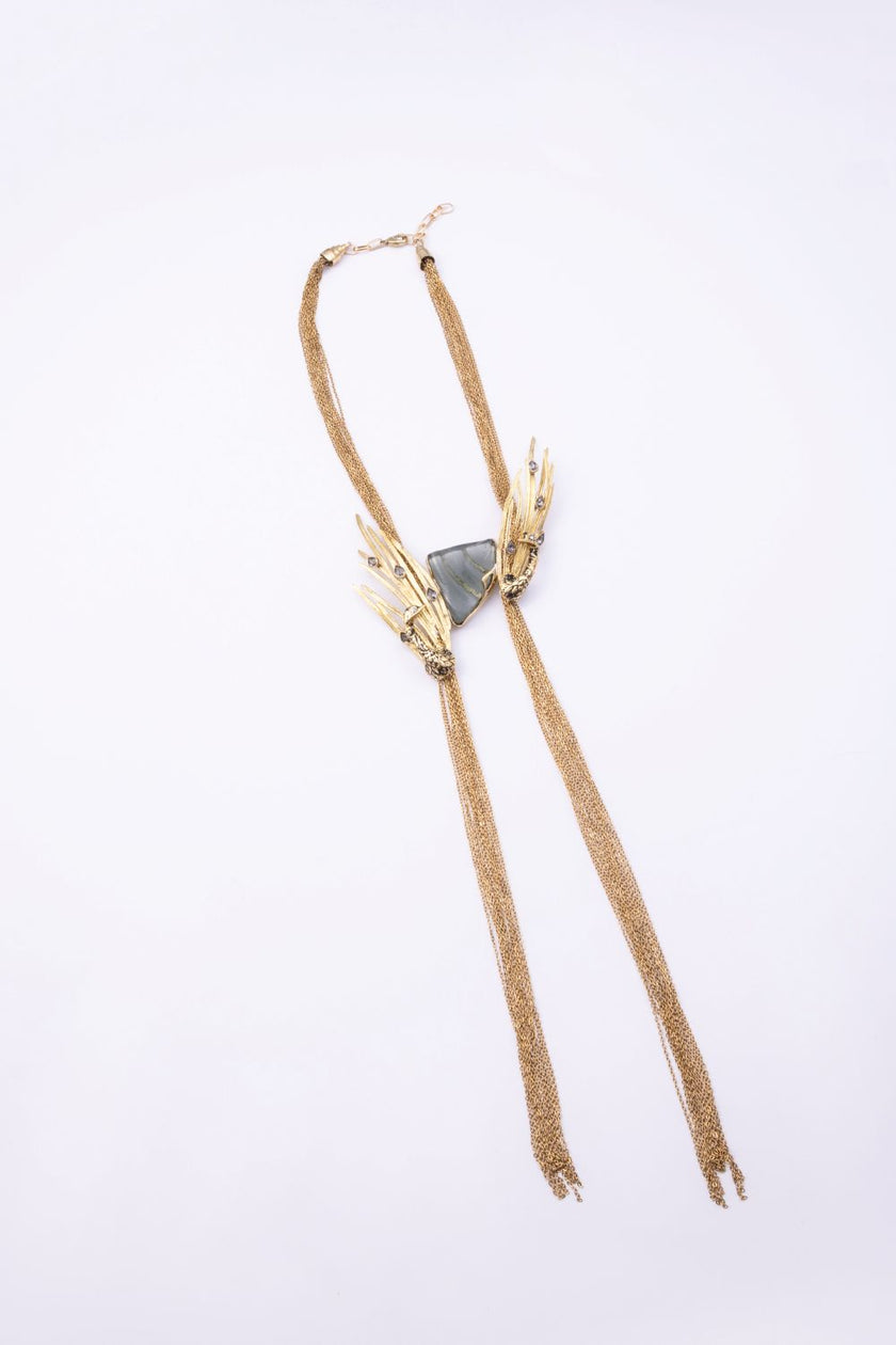 Double Peacock handmade gold-plated brass statement necklace with long draped chains on a white background