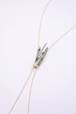Peacock handmade gold-plated brass lariat necklace with green patina feathers and multicolor crystals on a white background