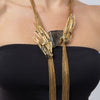 Close-up of the Double Peacock necklace with two oxidized peacocks, grey resin stone and teardrop crystals, Savage Flora
