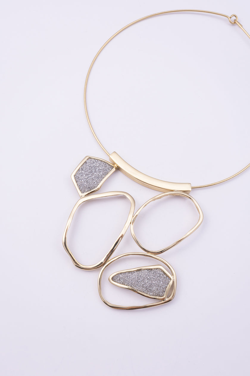 Glow Necklace: handmade brass collar necklace with sparkling crystals and open loops, jewelry made in Greece