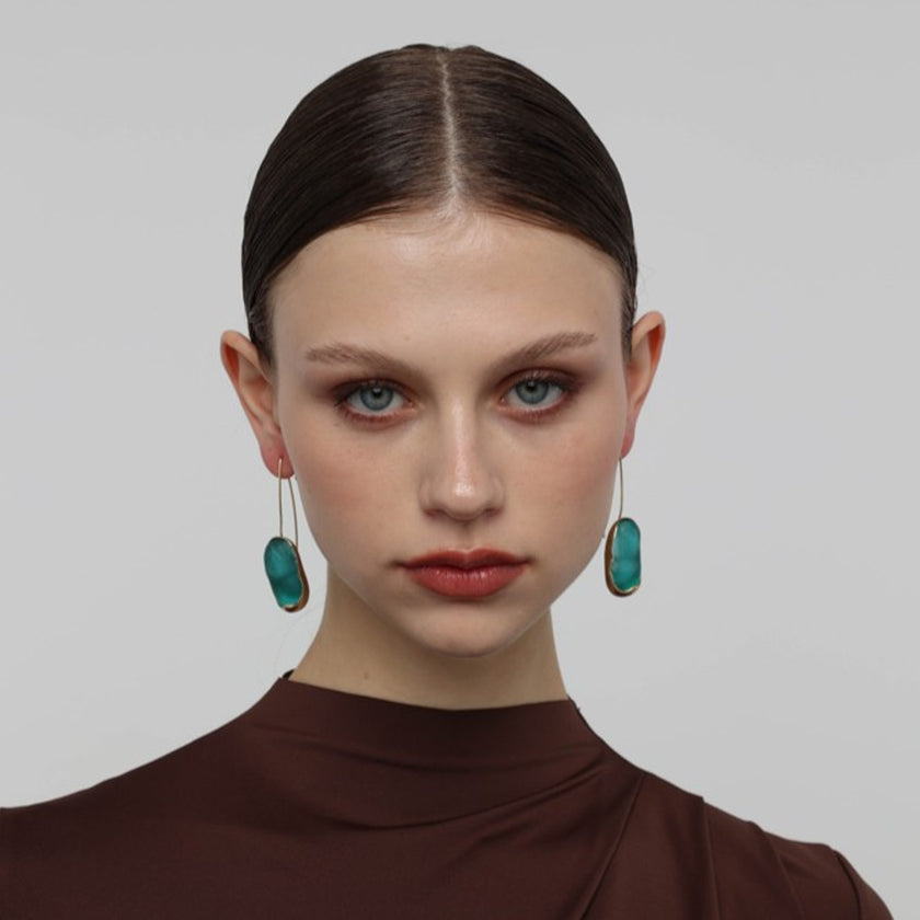 Earthpulse Earrings — handmade brass artisan drop earrings with resin stone, jewelry made in Greece
