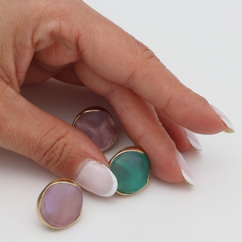Kiss Button Earrings — handmade brass sculptural button earrings with organic stone, gift for her