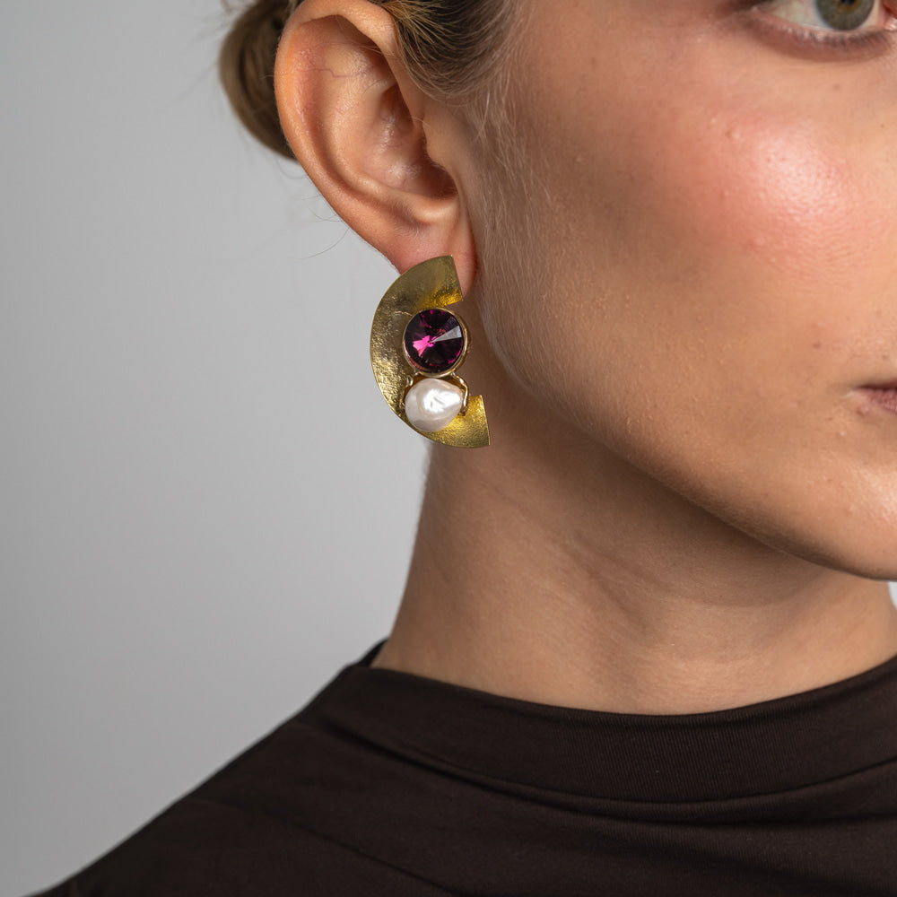 Earrings-Brass-Amethyst Crystal-Creamrose Light Pearl