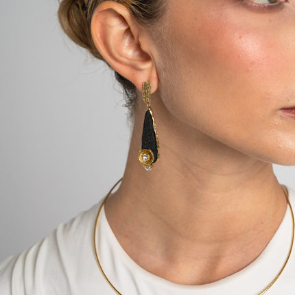 Earrings-Brass-Black Resin-White Crystal