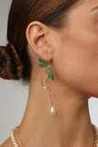 Buzz Earrings — handmade brass dragonfly drop earrings with green enamel wings and freshwater pearls, made in Greece