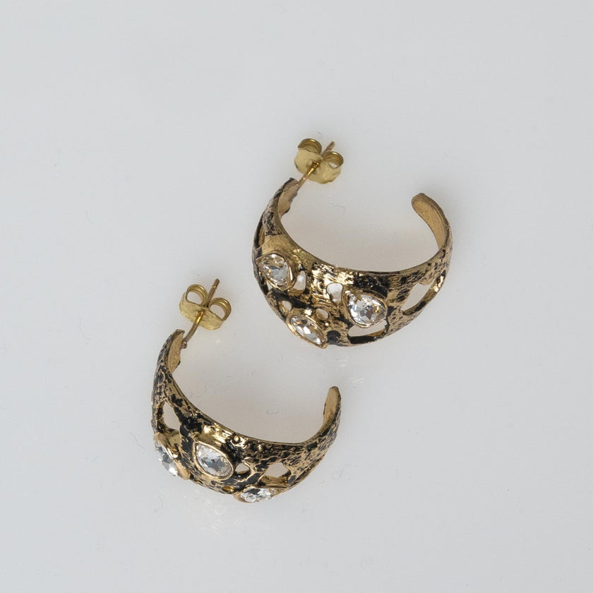 Earrings-Brass, Black Oxidation-White Crystal