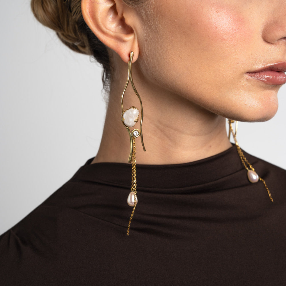 Earrings-Brass-Creamrose Light Pearl-White Crystal