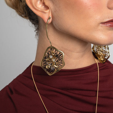 Earrings-Brass, Black Oxidation-White Crystal