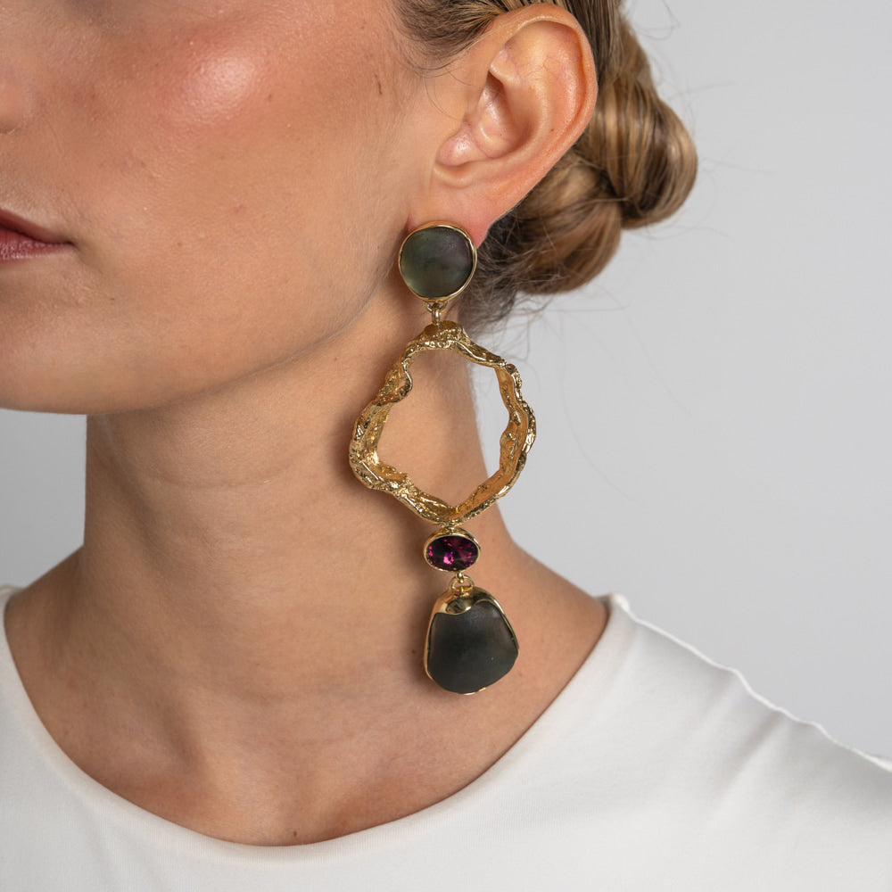 Earrings-Brass-Gray Resin-Amethyst Crystal