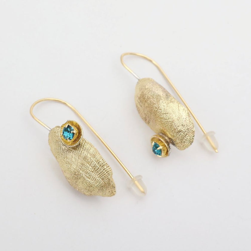 Limpet Earring — handmade brass limpet shell drop earrings with teal crystal detail, artisan jewelry made in Greece