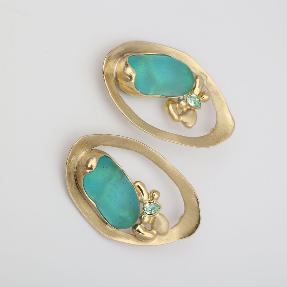 Pulse Earring — handmade brass oval frame stud earrings with raw gemstone and crystal detail, artisan jewelry made in Greece