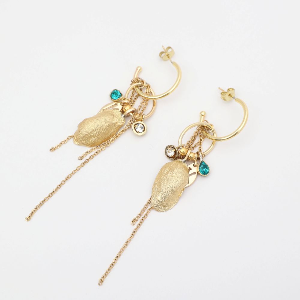 Charmy Limpet Earring — handmade brass charm hoop earrings with shell crystal and chain tassel, boho artisan jewelry made in Greece