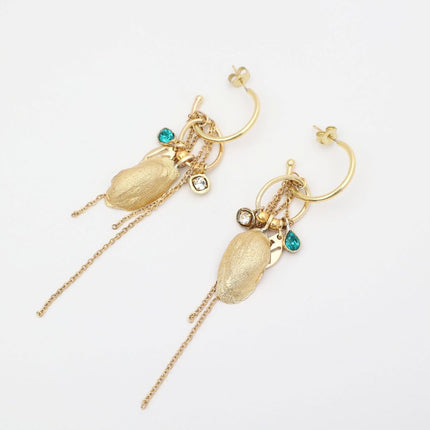 Charmy Limpet Earring — handmade brass charm hoop earrings with shell crystal and chain tassel, boho artisan jewelry made in Greece