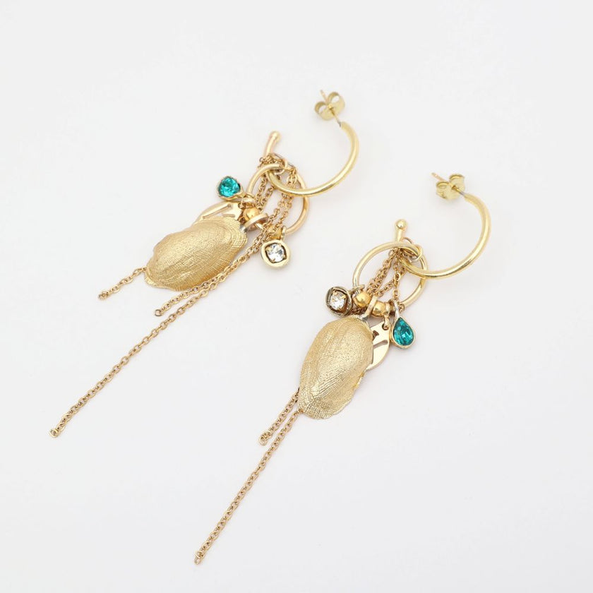 Charmy Limpet Earring — handmade brass charm hoop earrings with shell crystal and chain tassel, boho artisan jewelry made in Greece
